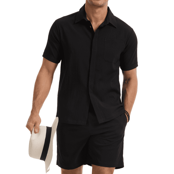 Zehisen Mens Summer Outfits 2 Piece Beach Shirt Shorts Set Coconut Button Casual Vacation Summer Set Black L