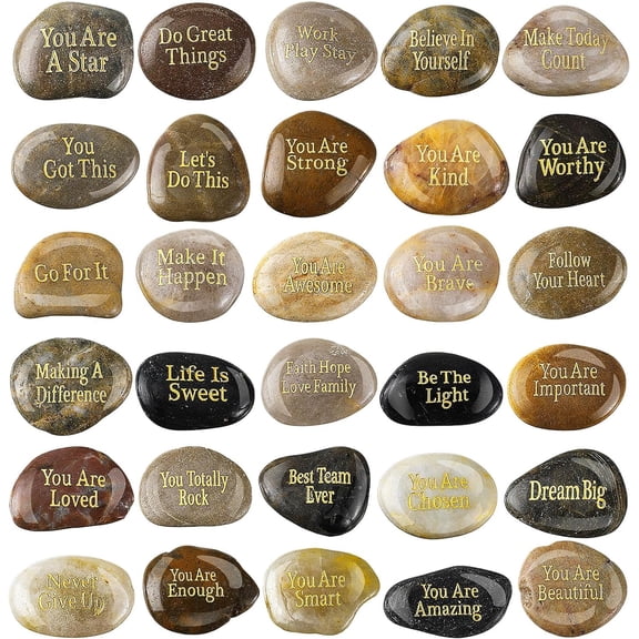 30 Pcs Inspirational Stones Different Words Encouragement Engraved Rocks Bulk Garden Stepping Stones Outdoor Scripture Gift for Coworkers Friends Family As Gifts 1"-2" Each$$Garden & Patio