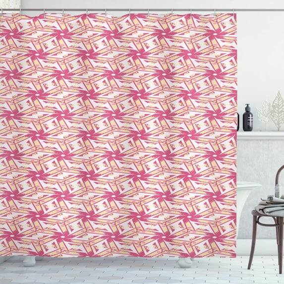 Pinwheel Shower Curtain, Floral Style Curved Lines with Yellow Spots Distressed Effect in Retro Style, Fabric Bathroom Set with Hooks, 69W X 70L Inches, Pink and Yellow, by Ambesonne