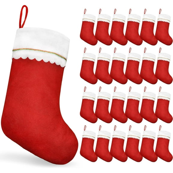 24-Pack Traditional Christmas Stockings Bulk - 14 Inch Red & White Felt Stockings with Gold Trim for Fireplace Mantel Decor & Holiday Decorations & Christmas Party Decor