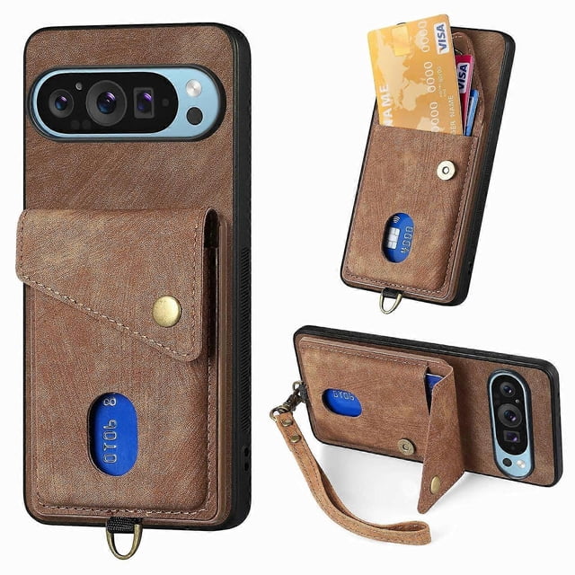 For Google Pixel 9 / Pixel 9 Pro Case with Card Slot Kickstand Leather TPU Phone Cover - Green