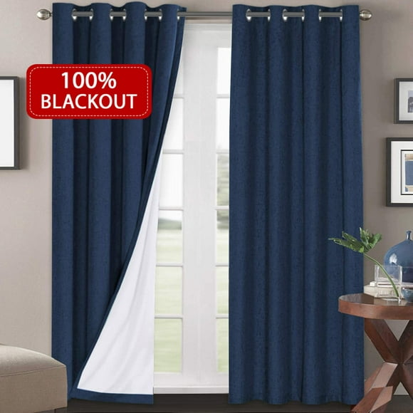 Linen Blackout Curtains 108 Inches Long 100% Total Blackout Heavy-Duty Draperies for Bedroom Living Room Thermal Insulated Textured Functional Window Treatment Anti Rust Grommet, 2 Panels, Navy