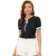 thumbnail image 1 of Blusa floral de manga corta con cuello anudado Allegra K Negro XS, 1 of 5