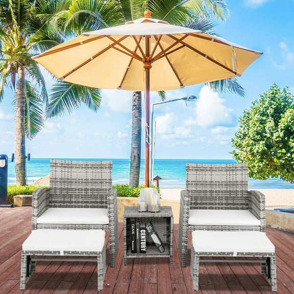 Outdoor Conversation Furniture Set, 5 Pieces Patio PE Rattan Sofa Set w/ Ottoman, Coffee Table & Cushioned Chair, Backyard Wicker Sectional Furniture Set, for Poolside, Deck, Living Room, Gray, D1071