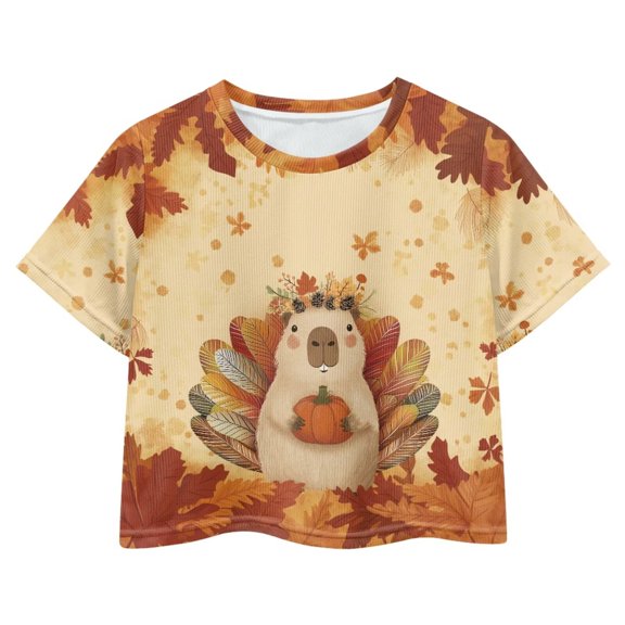 Uourmeti Capybara Maple Leaf Crop Top for Girls 9-10Y Summer Short T-Shirt Lightweight Soft Crewneck Pullover Casual Indoor Sweatshirt