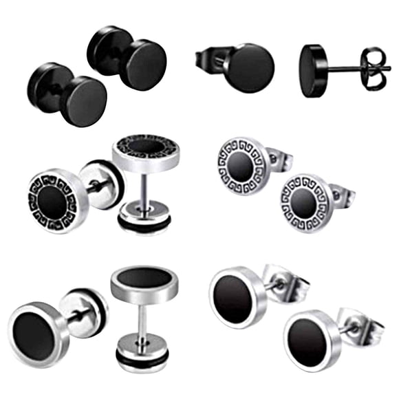 Riforla 6 Pairs of Stainless Steel Men's Earrings Black Perforated Clip Type Womens Jewelry Multicolor