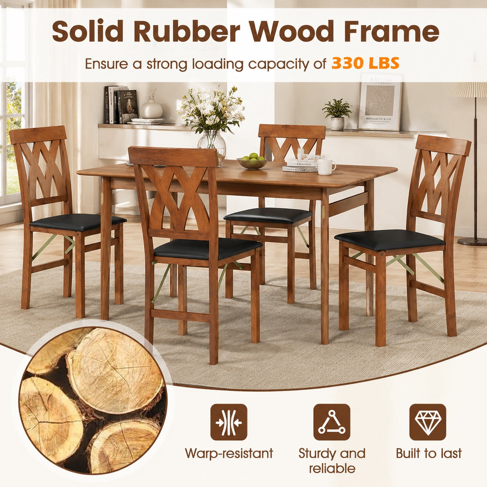 Furnibear Folding Wooden Dining Chairs Set of 2 Faux Leather Upholstered Armless Kitchen Chairs for Small Rooms Apartment, Walnut