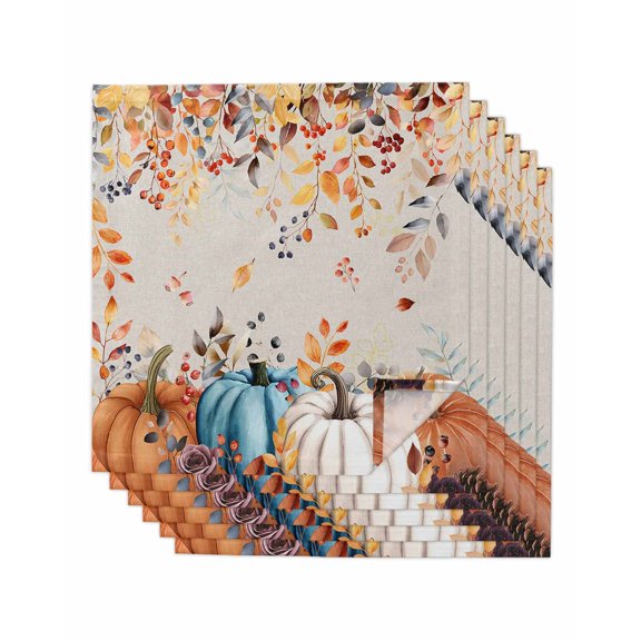 Orange Blue Fall Cloth Napkins Set of 6 Reusable Dinner Napkins, Pumpkins Vintage Botanical Thanksgiving Cocktail Napkin Washable Table Napkins for Wedding/Holiday Party/Baby Shower 20"x20"