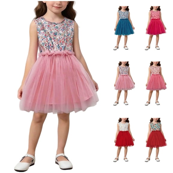 QSXADF Girls' Summer Casual Dress Sundress Girls' Printed Round Neck Sleeveless Net Dress Summer Outdoor Casual Dress Summer Outfits
