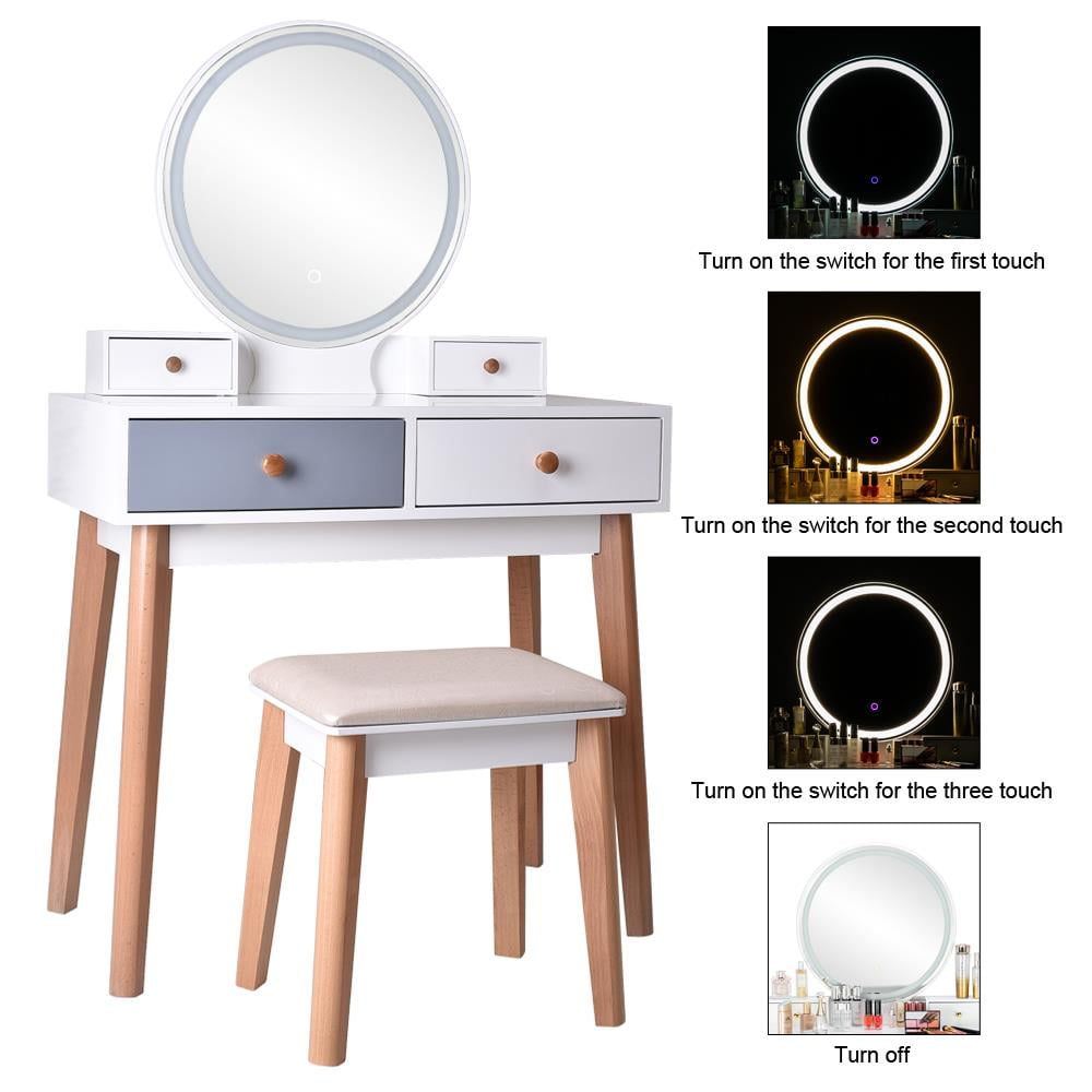Ubesgoo Vanity Set With Touch Screen Mirror 3 Color Lighting Modes Dressing Table With 4 Sliding Drawers Modern Bedroom Makeup Table And Cushioned Stool Set Walmart Com Walmart Com
