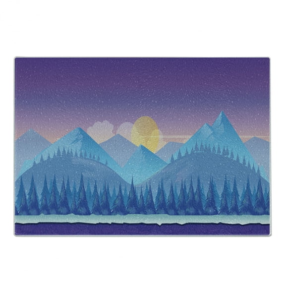 Mountain Cutting Board, Cartoon Woodland Landscape with Fir Trees at Sunset, Decorative Tempered Glass Cutting and Serving Board, Small Size, Purple Blue and Yellow, by Ambesonne