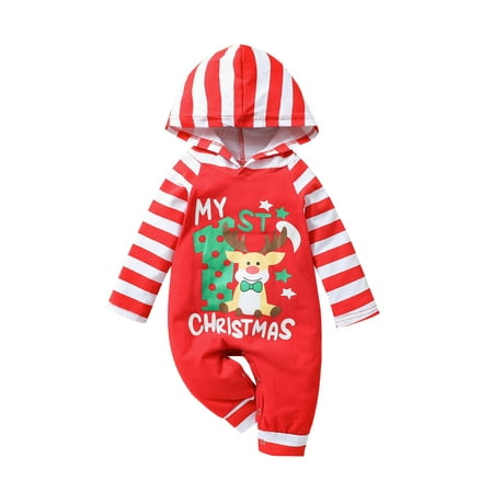 

Inevnen My 1st Christmas Outfits Newborn Baby Boy Girls Romper Hoodie Santa Jumpsuit Stripe Clothes