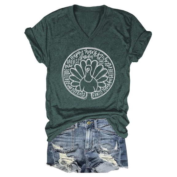 Women's Fall Halloween V Neck Shirt Pumpkin Witch Ghost Thankful Turkey Skeleton Graphic Tee Autumn Thanksgiving Tops Medium