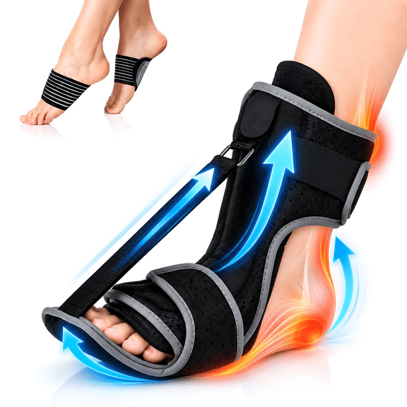 DAZO Adjustable Plantar Fasciitis Night Splint with 3 Fasteners and Flexible Bar for Overnight Foot Positioning Black