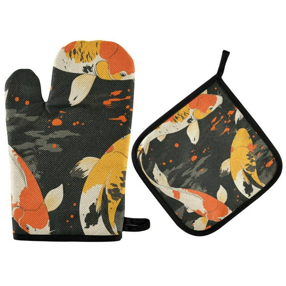 Yayeee Oven Mitts and Pot Holder Set of 2 Heat Resistant Kitchen Gloves Baking Hot Pad, Fish Pattern