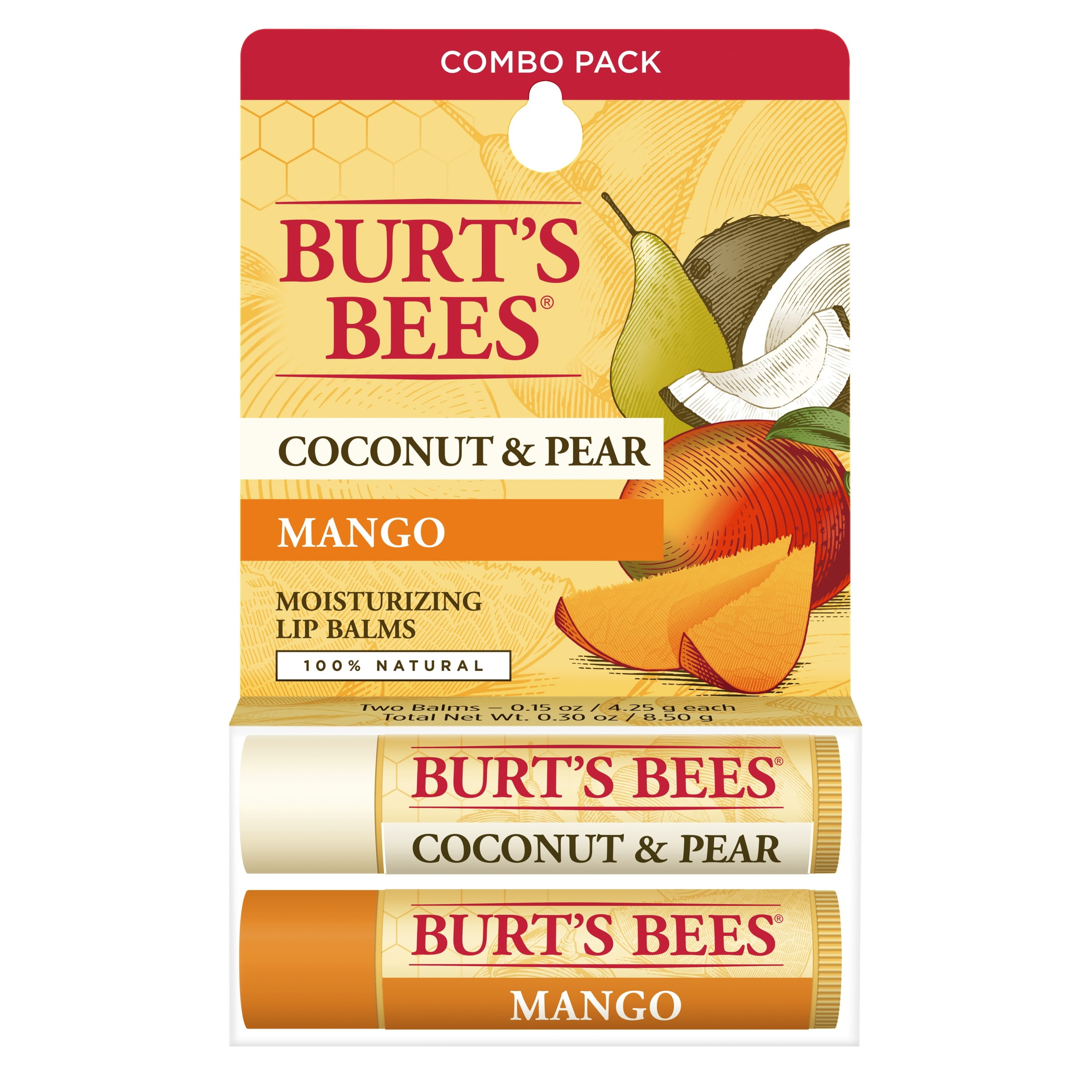 Burt's Bees 100 Natural Lip Balm, Coconut & Pear and Mango, 2 Count