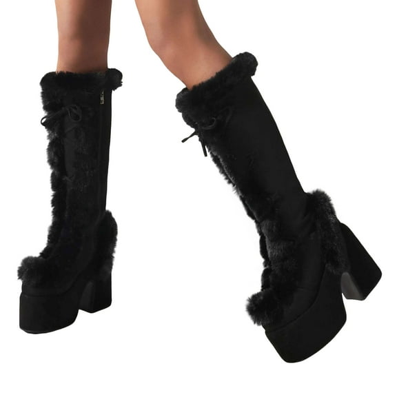 Platform Fuzzy Knee High Snow Boots for Women Cold Weather Fashion Plush Chunky Heel Mid Calf Winter Dress Tall Boots