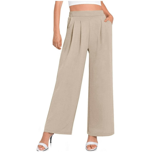 Timegard Womens Pants Elastic High Waisted Straight Leg Breathable Casual Loose Flowy Pants with Pockets