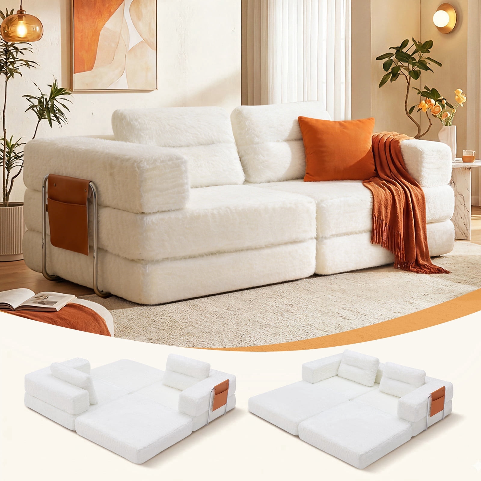 Pinmoco 81.5" Convertible Sofa Bed, Modular Sectional Sleeper Sofa for Living Room, Foldable Couch Bed with Pillows and Storage, No Assembly Required, Faux Fur Fabric White