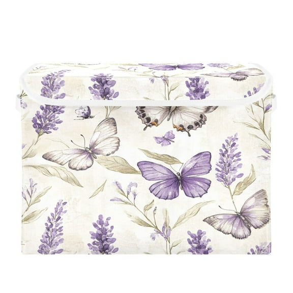 WOBOGO Purple Lavender and Butterfly Large Collapsible Storage Box Flip Lid Fabric Decorative Organizer Container Basket with Handles 16.5×12.6×11.8in