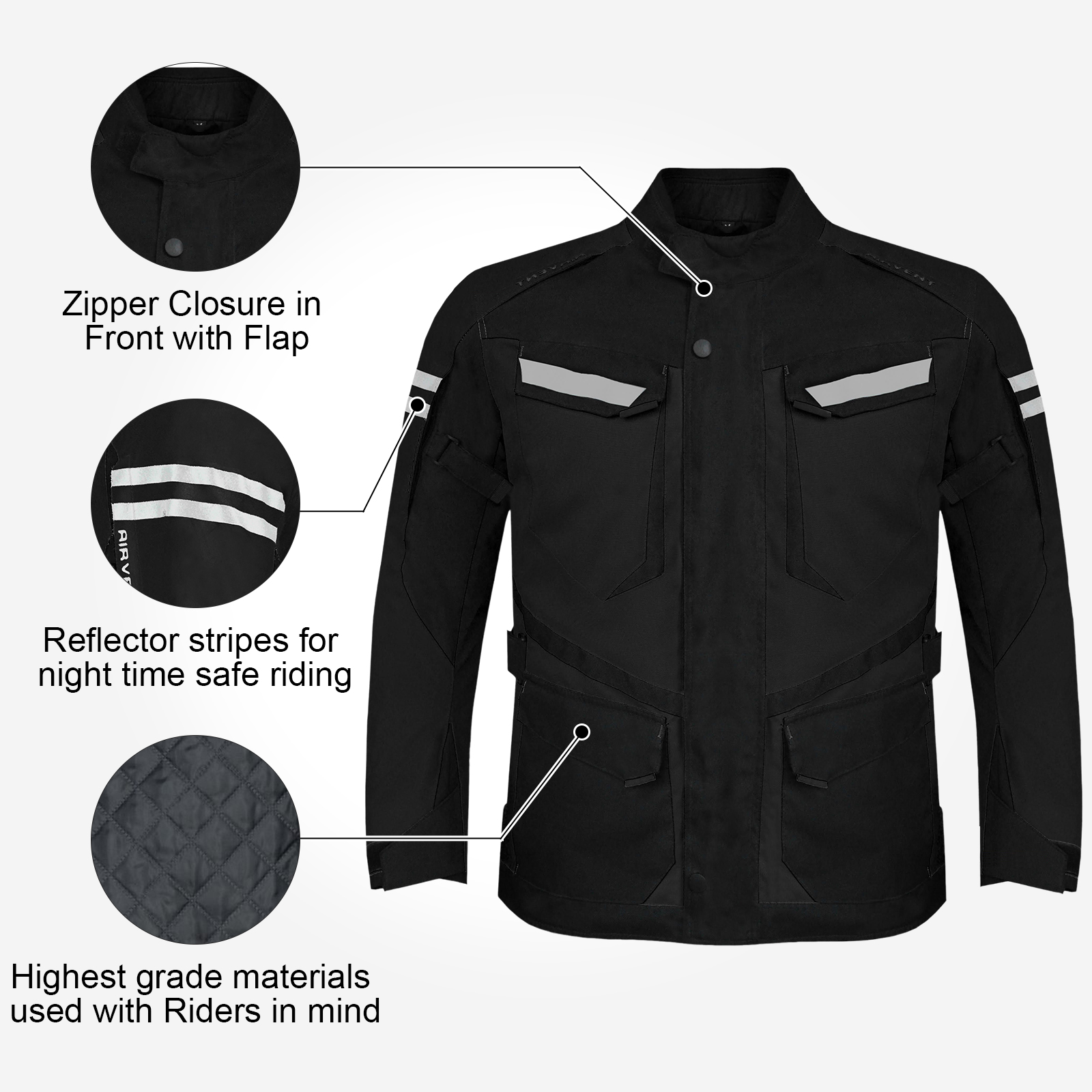 Dream Apparel Mens Motorcycle jacket Black, Armored Protective Round Neck & Air Vents