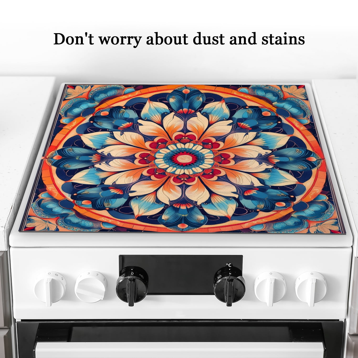 Stove Top Covers For Cooktop Stoves, Floral Mandala Bohemia Style Design Heat Resistant Glass Stovetop Protector Cover,Square Foldable Washable Pad for Kitchen RV (28×20 Inch)