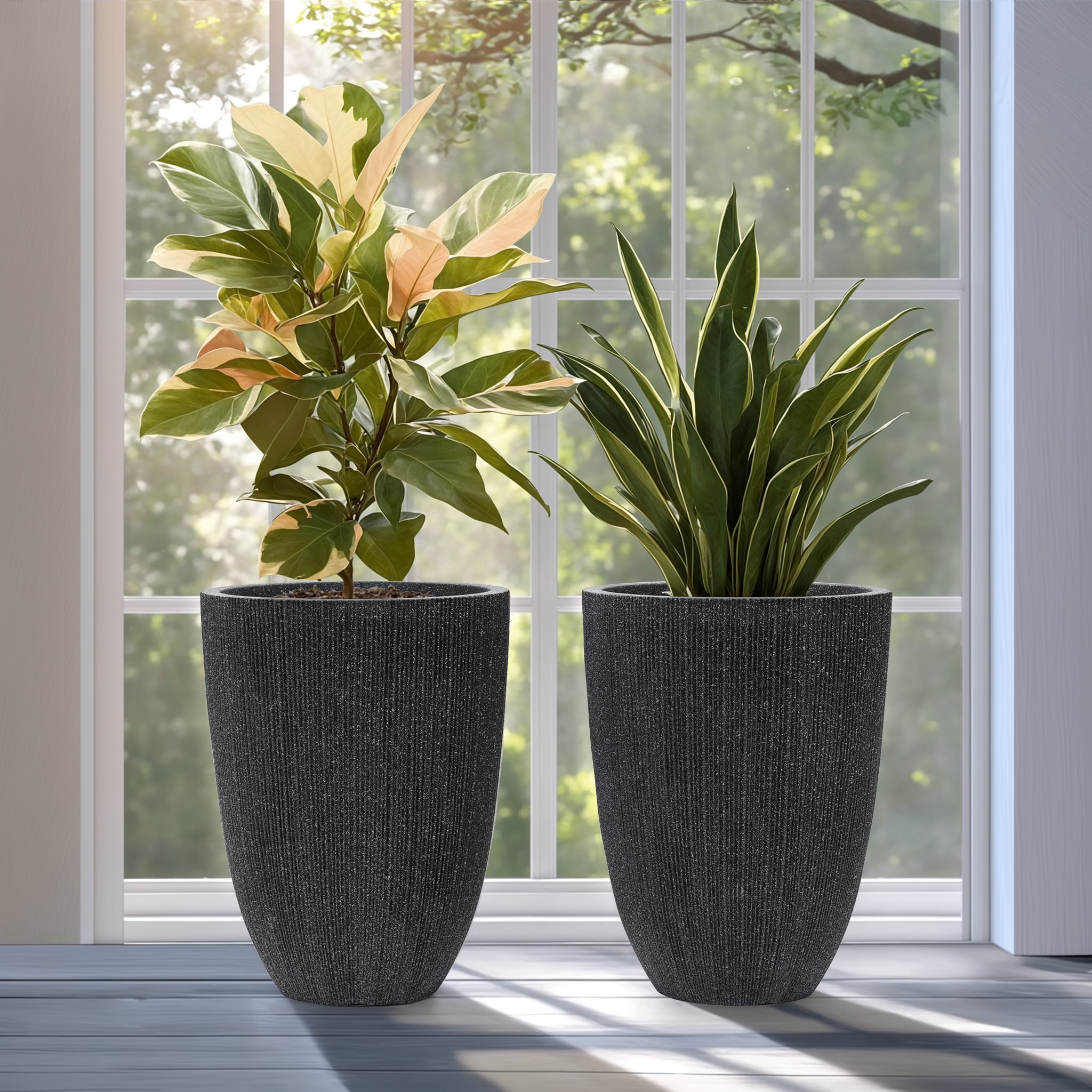 LuxenHome 19.21"H Tall Planters, Set of 2 Black Large Indoor Outdoor Plant Pots Plastic Flower Pots