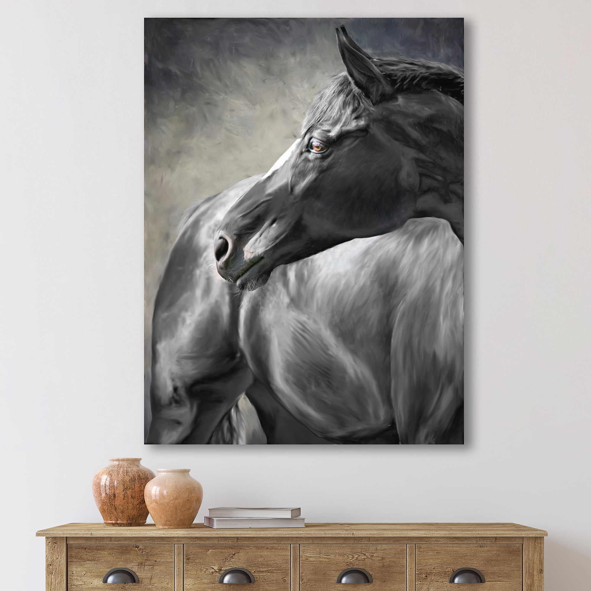 Close Up Of A Black Horse 8 in x 12 in Painting Canvas Art Print, by Designart