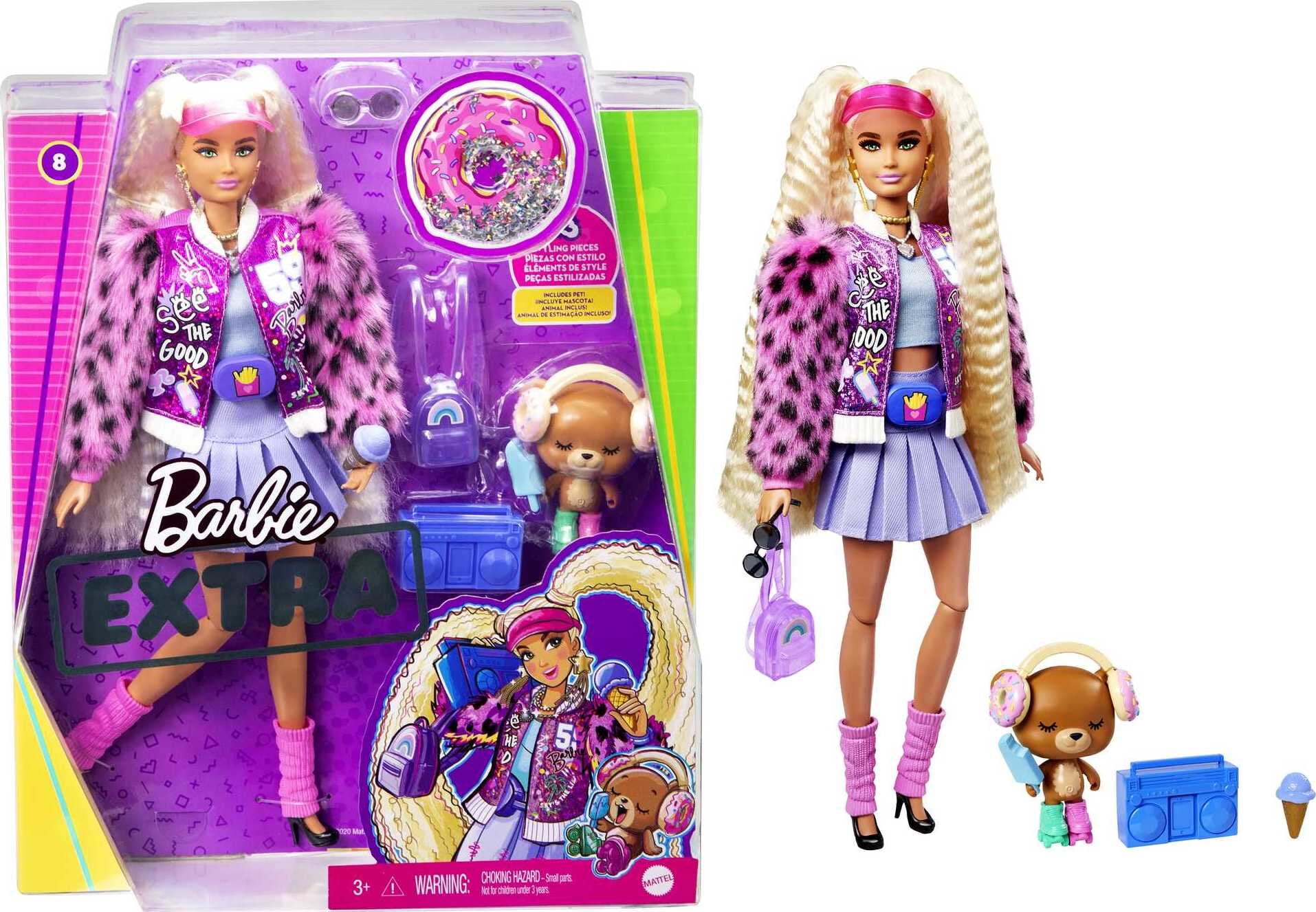 Barbie Extra Doll 8 In Varsity Jacket With Furry Arms and Pet Teddy