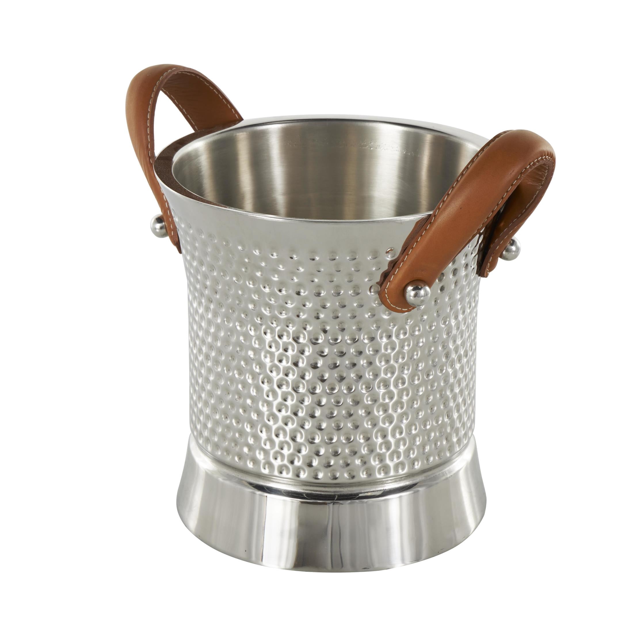 DecMode Round Stainless Steel Metal Hammered Silver Ice Bucket with Brown Leather Handles