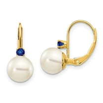 Primal Gold 14 Karat Yellow Gold 7-7.5mm White Round Freshwater Cultured Pearl Sapphire Leverback Earrings