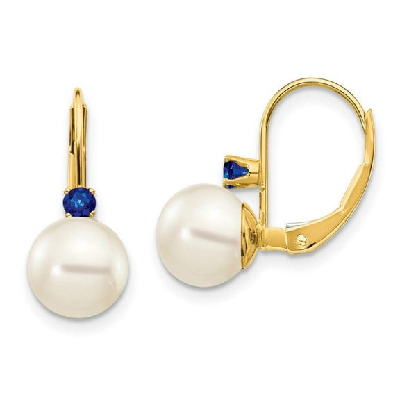 Primal Gold 14 Karat Yellow Gold 7-7.5mm White Round Freshwater Cultured Pearl Sapphire Leverback Earrings