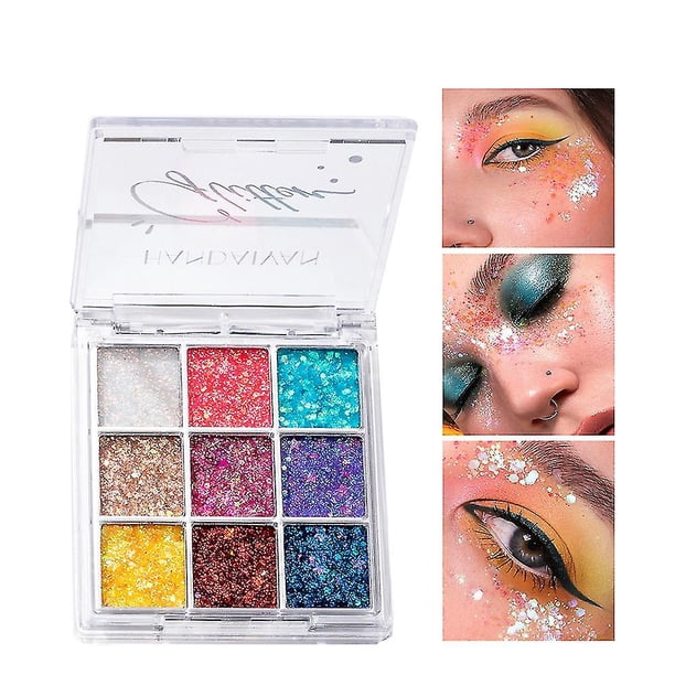 A02 Maquillaje Paleta de sombras de ojos de 9 colores Brillo Sombra de ojos con lentejuelas grandes