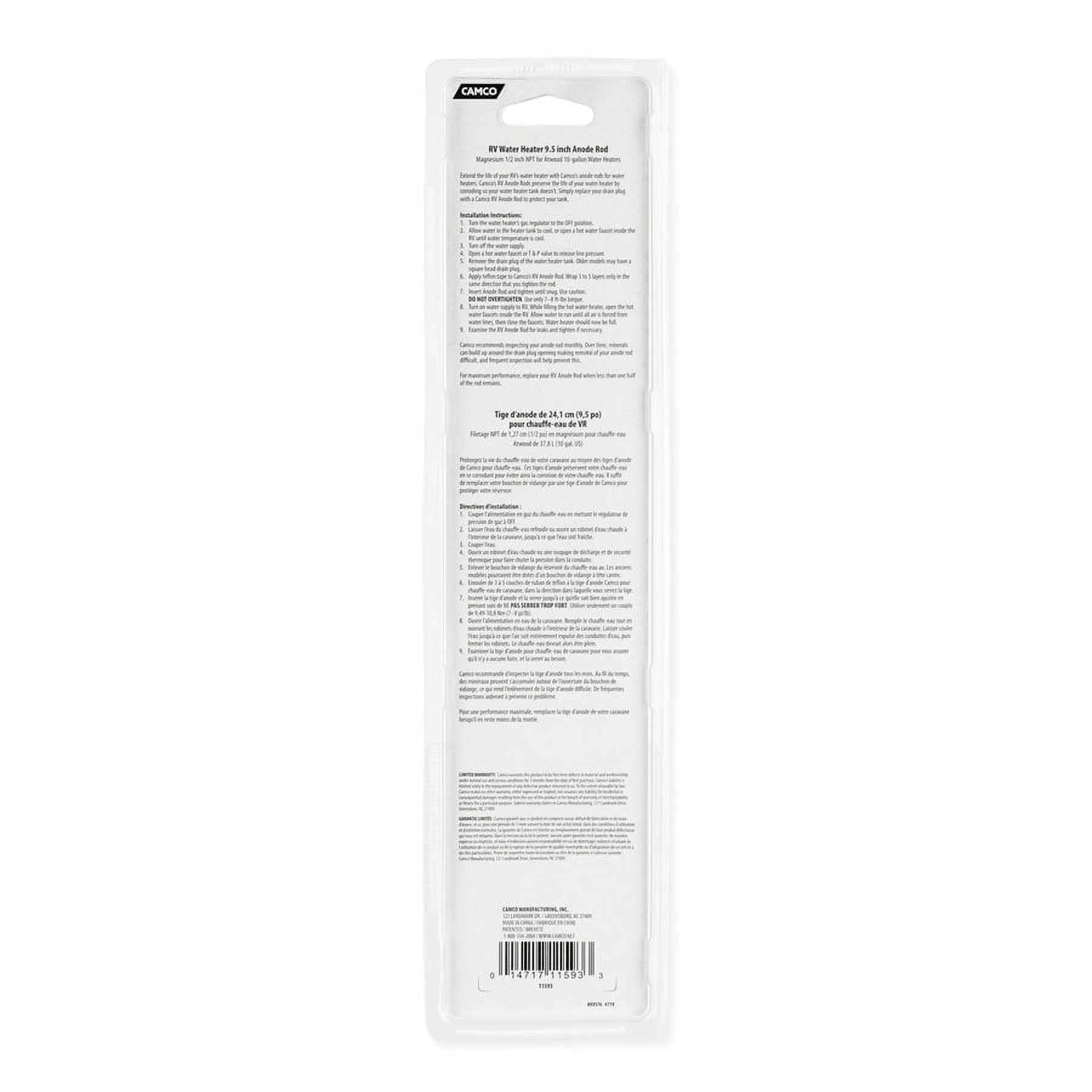 Camco 11593 RV 9.5" Magnesium Anode Rod - Fits Atwood 10-Gallon Hot Water Heaters