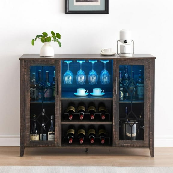 Brown Wine Bar Cabinet with Led Light,Home Coffee Cabinet with Wine and Glass Rack,Kitchen Buffet Sideboard with Storage,Liquor Cabinet for Bar,Dining Room,Kitchen(Dark Rustic Oak)