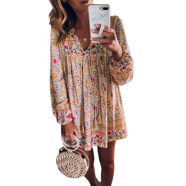 VISgogo Vestido Corto de Verano para Mujer, Estilo Bohemio Estampado Floral Escote en V Borlas Decoración Manga Larga Falda de Playa Suelta VISgogo moda