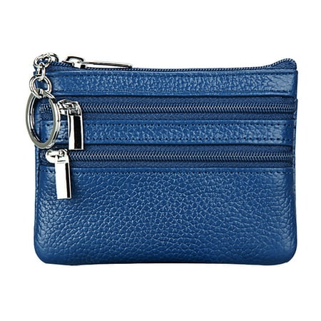 Women s Leather Small Coin Purse with 3 Zipper Pockets Mini Pouch Loose Change Wallet Card Holder Case with Keychain Blue
