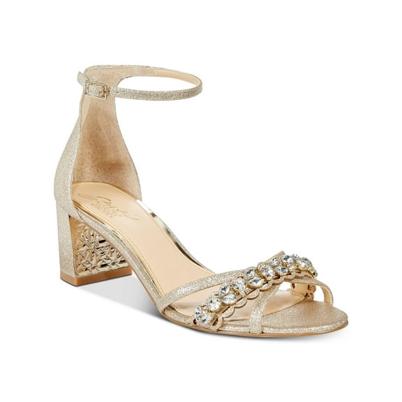 JEWEL BADGLEY MISCHKA Womens Beige Adjustable Ankle Strap Embellished Perforated Giona Round Toe Block Heel Buckle Dress Slingback Sandal 8 W