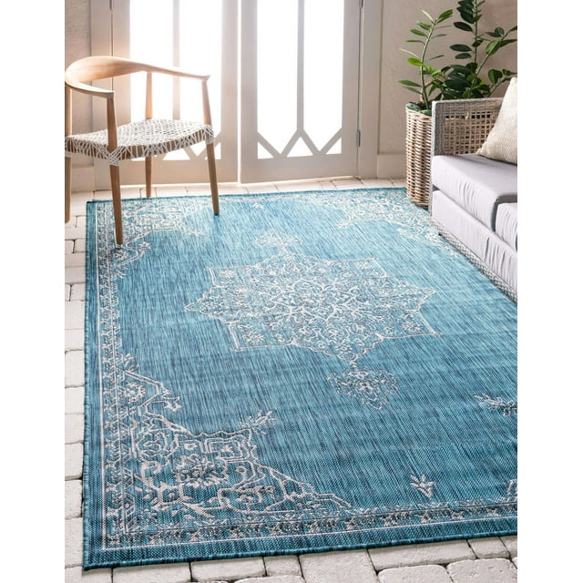 Unique Loom Collection Traditionnelle Classique Médaillon Transitionnel Tapis d'Intérieur et d'Extérieur, 4 x 6 Pieds, Turquoise/ivoire