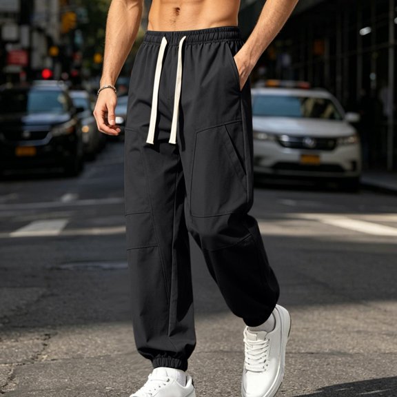 Muscularfit Drawstring Mens Casual Pants Gym Pants with Pockets Cargo Joggers Sports Pants Pants for Men Low Rise Black Taper Baggy Size M