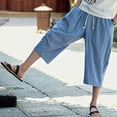 thumbnail image 4 of Men's Casual Wide Leg Shorts 7'' Linen Loose Fit Trousers Baggy Drawstring Capri Pants Yoga Beach Long Shorts, 4 of 6