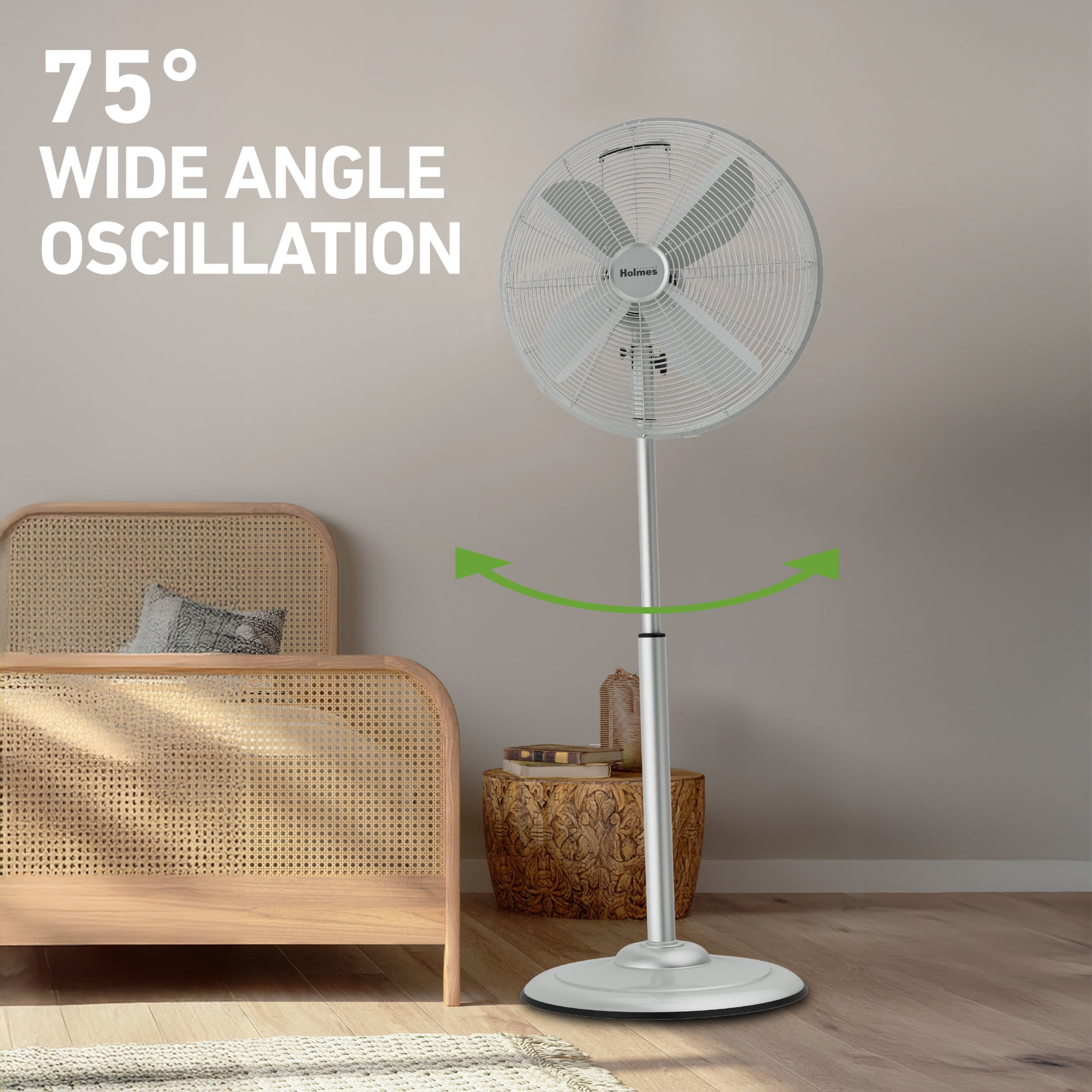 Holmes 16 Inch Oscillating Stand Fan 3 Speed Tilt Head Pedestal Brushed Chrome