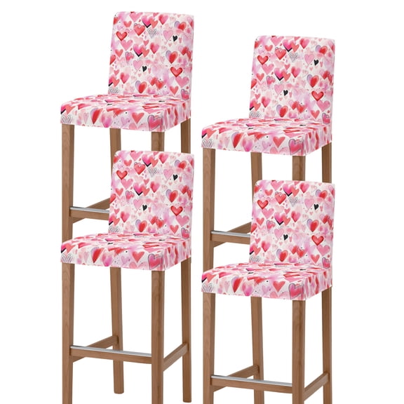 Pink Red Love Heart Valentines Bar Stool Covers Set of 4, Watercolor Love Heart Stretch Washable Bar Chair Covers with Backs, Removable Pub Counter Height Chair Cover for Kitchen Dining Room Cafe