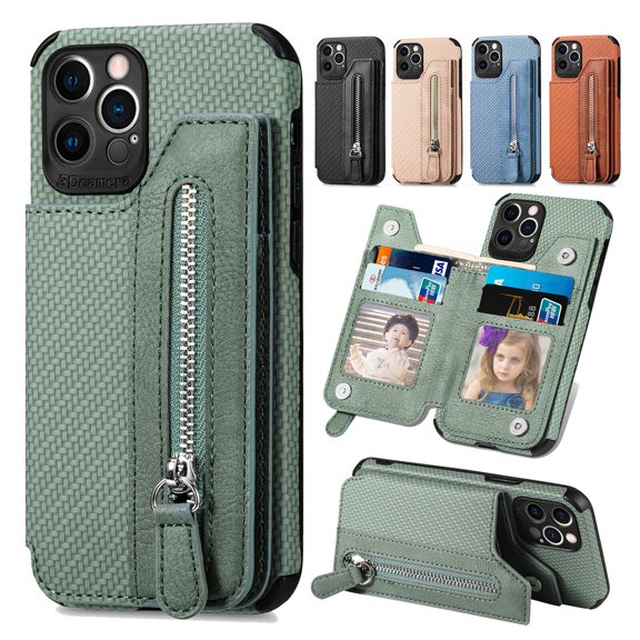For iPhone 14 Pro Max/14 Plus/14 Pro Phone Case,Shockproof Luxury Magnetic Zipper Leather Card Slot Case Cover,carbon fibre Slim Stand Cover
