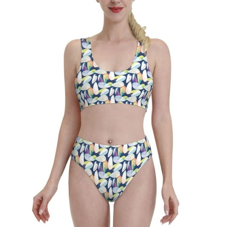 High Waisted Bikini Sets For Women  Bright Colors Leaves Two Piece Swimsuit Sporty Scoop Neck Bathing Suit