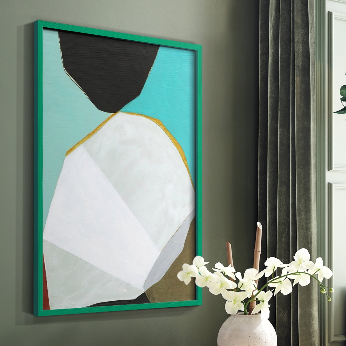Graphica II Framed Print in Green Solid Wood Framed Print No Nail Hanging