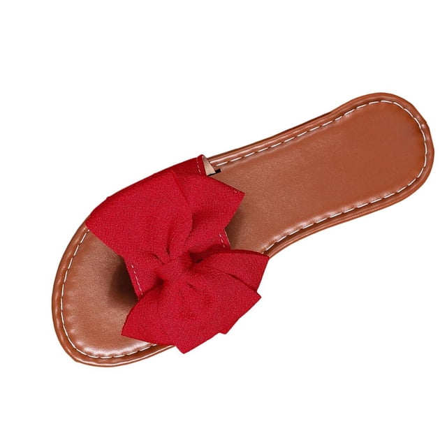 FRSASU Women's Bow Knot Slides Open Toe Flat Sandals Summer Beach Soft Slip On Slippers Red