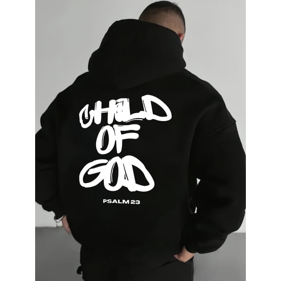 Men'S Casual Black Hoodie with " OF GOD" Print - Loose Fit, Long Sleeve, Streetwear Style, Geometric Pattern, Perfect for Fall & Winter, Casual Wear Hoodie