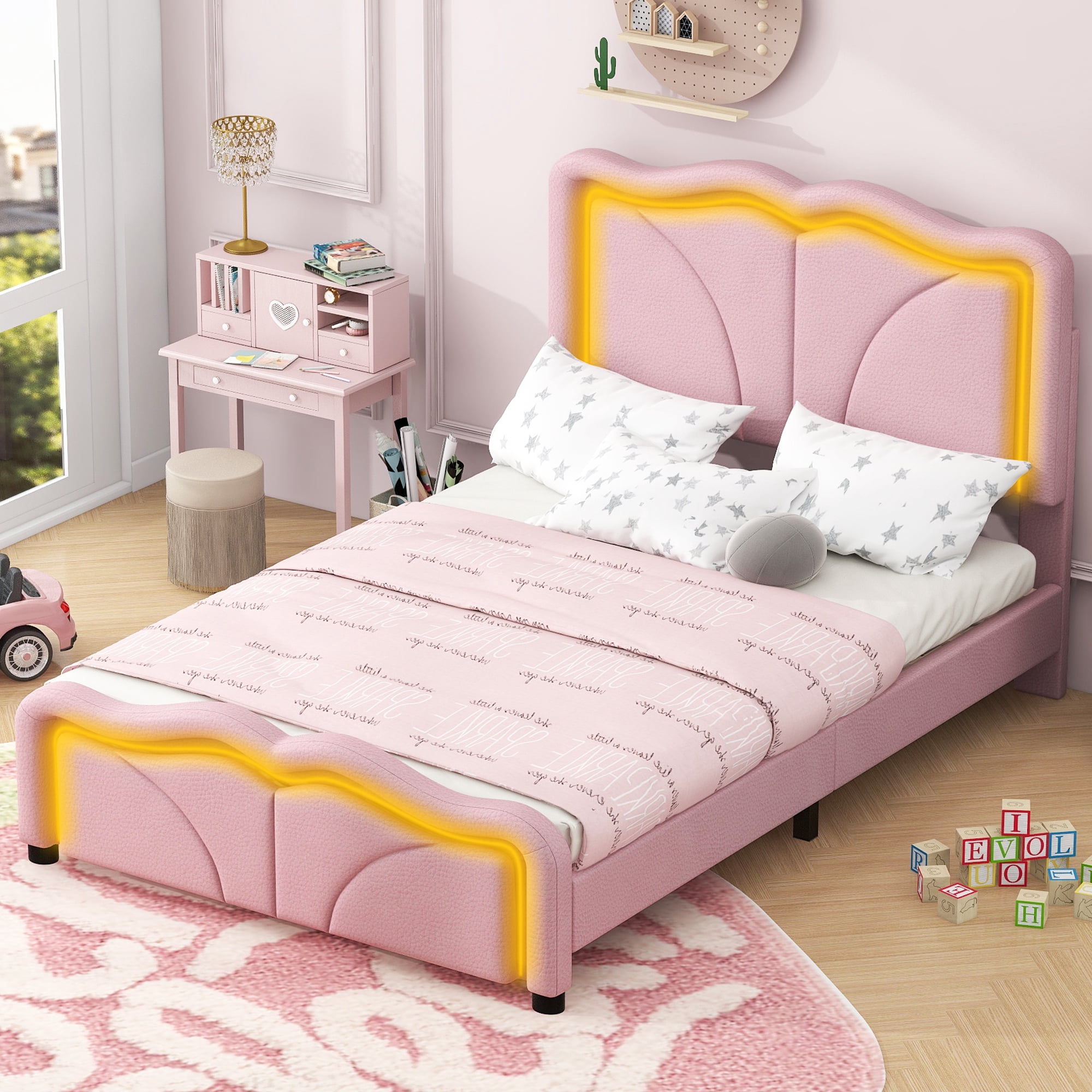 EUROCO Upholstered Twin Platform Bed, Cartoon Bed with Adjustable Headboard and LED Light for Toddler Kids Teens Adults, No Box Spring Needed, Pink