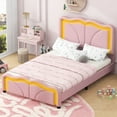 thumbnail image 2 of EUROCO Upholstered Twin Platform Bed, Cartoon Bed with Adjustable Headboard and LED Light for Toddler Kids Teens Adults, No Box Spring Needed, Pink, 2 of 12